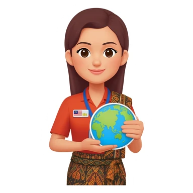Female Malaysian Tourist Guide with Badge, Batik Cloth & hold Small World Map sticker