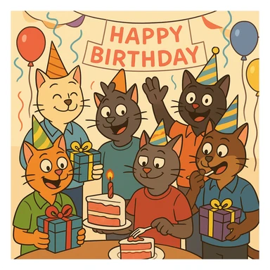 six guy cats at a birthday party, some holding gifts, some eating cake, festive decorations, cartoon style sticker