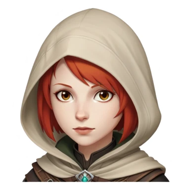 Leliana from Dragon Age with short red hair and hood sticker
