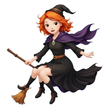 ginger witch flying on a broomstick, orange hair flowing, crescent moon background sticker