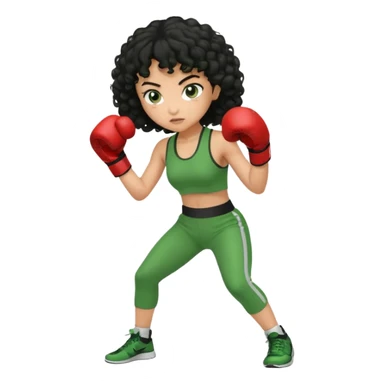 a girl with black curly hair and olive skin in a green workout outfit, boxing sticker