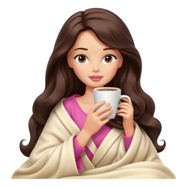 Barbie girl with a long wavy dark brown hair inside a cream blanket sipping coffee eyes closed sticker