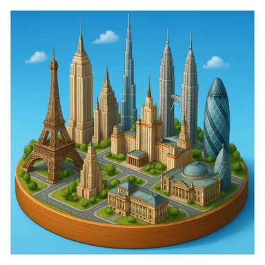 Оставь основу картинки - деревянную подставку, но при этом сгенерируй изометричная, яркая, детализированная и фотореалистичная иллюстрация где будет самые узнаваемые здания мира Эмпайр Стейт Билдинг, Эйфелева башня, здание МГУ, Бурдж-Халифа, Башни Петронас, Небоскрёб Фостера в Лондоне, Рейхстаг, Тайбэй sticker