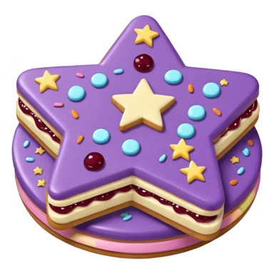 a pastel purple sandwich cookie with soft crumbly texture, a star-shaped jam cutout in the center showing glossy dark berry filling, and creamy filling with colorful sprinkles.  sticker