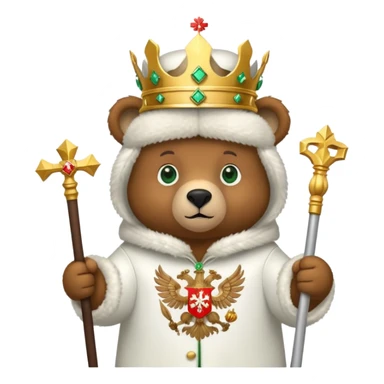 Adorable brown bear with green eyes, white ushanka hat featuring very clear and accurate Russian Federation double-headed eagle coat of arms with crowns and scepter, iOS emoji style sticker