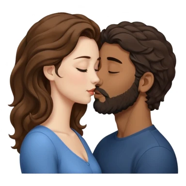 The woman is kissing the forehead of the man, side profile, White woman (brown hair with eyes closed) and brown man with black wavy hair (has a a beard with his eyes closed too). sticker