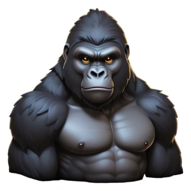 Cinematic Noble Gorilla Portrait Emoji, Poised and commanding, with a massive, muscular build cloaked in dense, rich fur and deep, soulful eyes, Simplified yet sharp and sophisticated features, highly detailed, glowing with a soft, dignified jungle glow, high shine, intelligent and formidable, stylized with an air of primate majesty, focused and authoritative, soft glowing outline, capturing the essence of a watchful guardian that feels as though it could step out of the screen with effortless authority! sticker