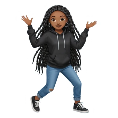 African American dark skin girl with long black box braids wearing a plain black hoodie wearing denim jeans and shoes dancing in music video sticker