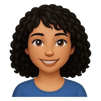 Make the hair wavy and black, with bangs more on the right side. Change the skin tone to almond. Keep the expression warm, friendly, and calm, with freckles and a glowing complexion. Preserve the transparent background. sticker