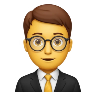 emoji character with the classic nerd emoji head (yellow round face, large brown glasses, buck teeth, freckles). The body is human-like, dressed in an elegant black suit with a tie, in a thoughtful and philosophical pose —  sticker