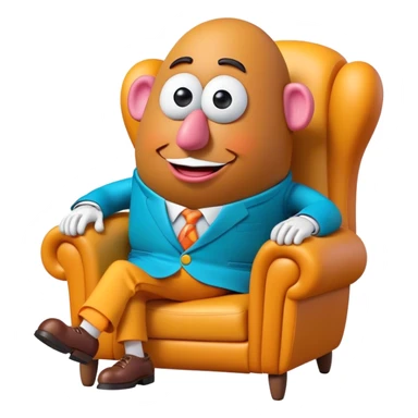 Create a 3D Pixar-style Mr. Potato Head character with a rounded, slightly uneven shape, expressive eyes, a wide smile, and cartoonish limbs, dressed in a colorful suit sitting in a chair sticker