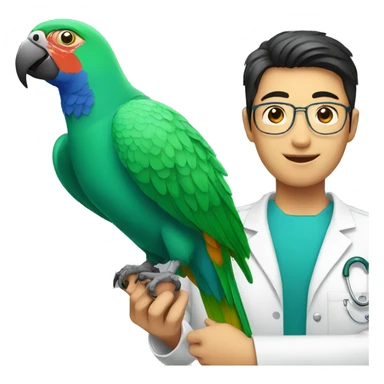 asain veterinarian with parrot sticker