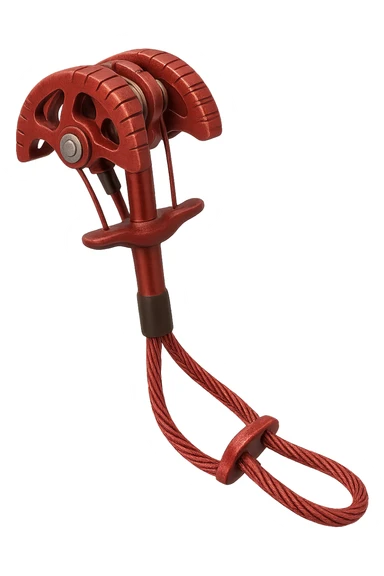 Trad climbing camming device in red, metallic, with lobes and a stem, isolated on transparent background, realistic metallic texture and details sticker