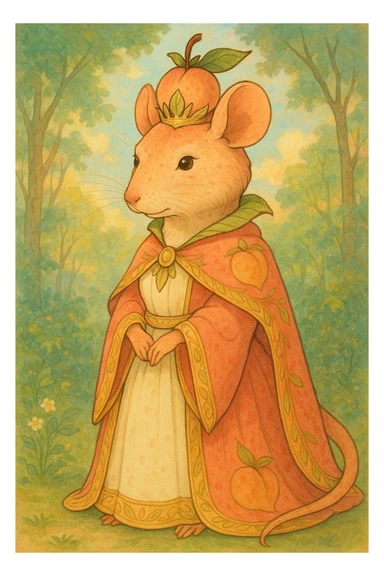a rat queen with features resembling a peach, blending peach fruit elements with regal rat characteristics, in a Ghibli-inspired style sticker