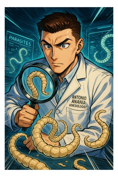 A dynamic manga/webtoon-style illustration of a young male kinesiologist wearing a clean white lab coat, analyzing light beige worms like a tapeworm under a magnifying glass. His expression is focused and slightly intrigued, with sharp, detailed eyes. The art style is vibrant, with bold linework, rich colors, and dramatic lighting. The background is a futuristic laboratory with glowing holographic screens displaying parasite data. The tapeworm is intricately drawn, slimy and segmented, with a slightly exaggerated yet realistic texture. The composition is dynamic, with motion lines or energy effects to emphasize his scientific investigation. The atmosphere is intense but not dark, keeping a balance between scientific seriousness and stylish manga aesthetics, he has "ANTONIO ANANIA" WRITTEN ON WHITE LAB COAT sticker
