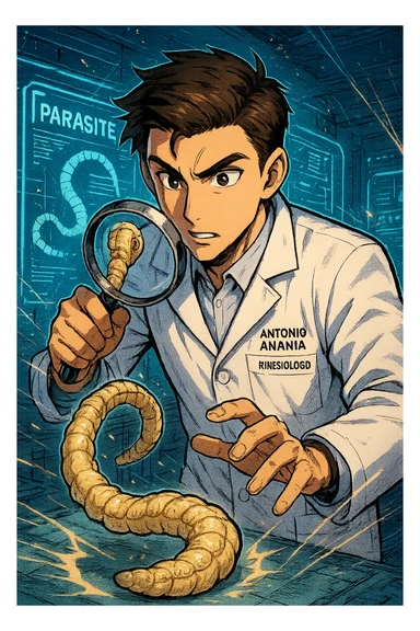 A dynamic manga/webtoon-style illustration of a young male kinesiologist wearing a clean white lab coat, analyzing light beige worms like a tapeworm under a magnifying glass. His expression is focused and slightly intrigued, with sharp, detailed eyes. The art style is vibrant, with bold linework, rich colors, and dramatic lighting. The background is a futuristic laboratory with glowing holographic screens displaying parasite data. The tapeworm is intricately drawn, slimy and segmented, with a slightly exaggerated yet realistic texture. The composition is dynamic, with motion lines or energy effects to emphasize his scientific investigation. The atmosphere is intense but not dark, keeping a balance between scientific seriousness and stylish manga aesthetics, he has "ANTONIO ANANIA" WRITTEN ON WHITE LAB COAT sticker