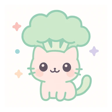 broccoli cat with cat body and broccoli floret as head, big eyes, adorable expression, kawaii style, minimal background sticker