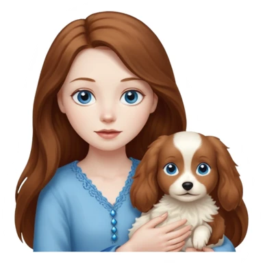 long hair chestnut color blue eyes woman holding small ivory dog sticker