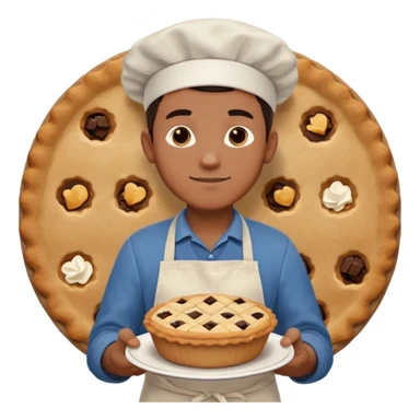 Baking community man avatar in vibrant style illustration. Pie, cookie, and muffin warm golden tones, simple shapes, flat design, high contrast. sticker