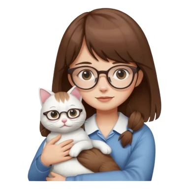 Cute girl brown hair have bangs and glasses hugging white cat sticker