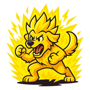 cartoon golden retriever, super saiyan transformation, intense energy, glowing yellow fur, action pose sticker