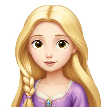 Cinematic Serene Rapunzel Portrait Emoji, rendered in a simplified vector style. Depict a gentle Rapunzel (chest and above) with delicate porcelain skin and long, shimmering golden hair, her expression calm and reflective, dressed in her traditional attire. The image is imbued with a soft, luminous glow and a subtle glowing outline. sticker