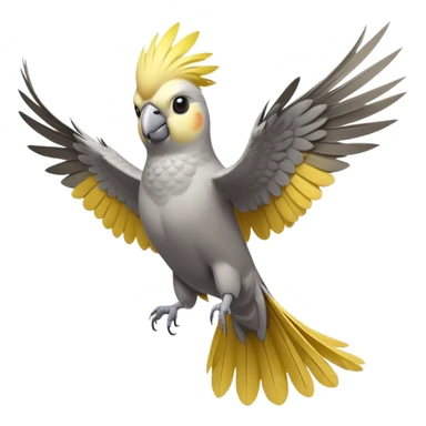 cinematic-[cockatiel]-realistic-full-body-perched-emoji,-wings-out-flying,-head-tilted-dramatically,-sleek-[yellow and grey]-feathers,-simplified-yet-realistic-focused-features,-highly-detailed,-glowing-with-an-almost-sarcastic-glow sticker