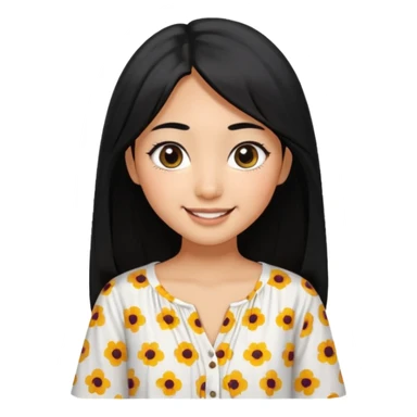 20 yr old asian woman hair white blouse with black dots center part big eyes big smile tanned skin straight black hair hippie part hair  sticker