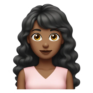 White woman with long black curly hair and bangs and dark brown eyes, wearing a pastel pink dress sticker