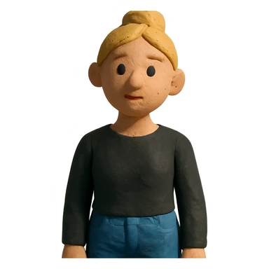 claymation style blond woman with bun, long sleeve black shirt, and jeans sticker
