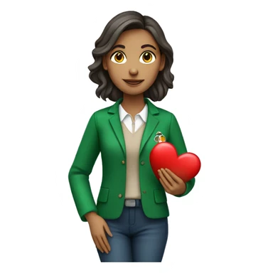 A European female teacher in a green jacket holds a heart in her hands sticker