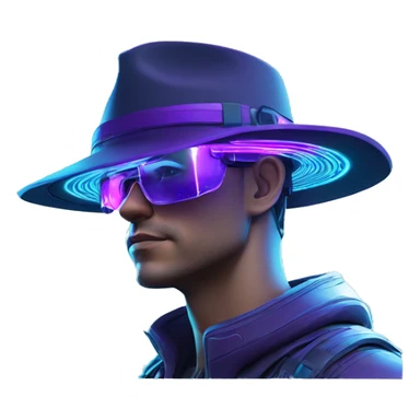 Secret human agent in a hat with  cyberpunk elements in Apple VR googles headset scanning looking reviewing multicolor lines of code, cyan and purple colors, only upper body portrait sticker