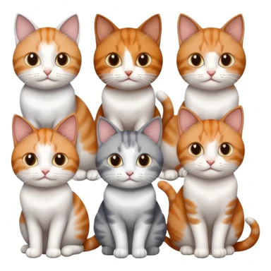 6 cats with different coloured coats, 2 are grey and white, 1 is grey with a little white, 1 calico, 1 brown tabby and white and one ginger and white sticker