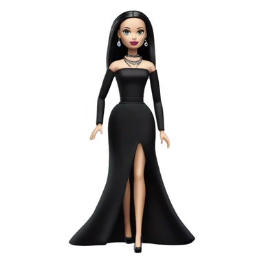  Elegant Wednesday Addams Barbie.  Small light skin face. Earrings with matching necklaces Longer hair. black flowing strapless tight evening gown neckline that’s off-the-shoulders shows her legs and black high heel shoes. sticker