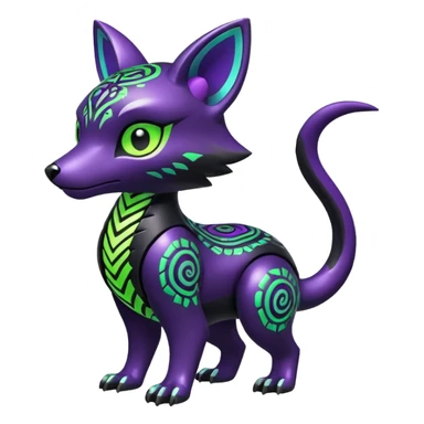Futuristic modern badass cool shiny metallic alloy black-obsidian purple neon-green white lime animal hybrid Fakemon full body with intricate patterns sticker