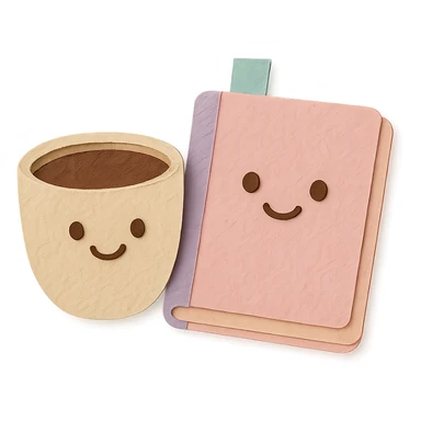 coffee cup and diary notebook with smiling faces, soft pastel colors sticker