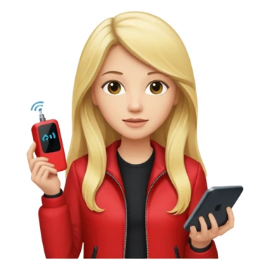 mujer  joven rubia con pelo largo y saco rojo con modem de internet sticker