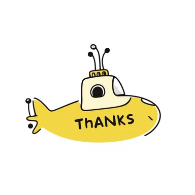 playful yellow submarine with 'thanks' in big letters, hand-drawn doodle style sticker