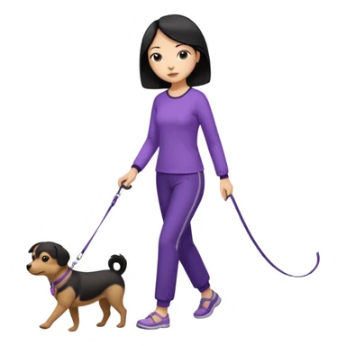 black hair Chinese woman wearing purple top and black pants walking 1 small brown dog sticker