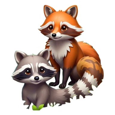Collage of a raccoon and a fox, in close-up, surrounded by a colorful forest with rich green trees, thick bushes, and vibrant foliage. Sunlight peeks through the branches, casting warm light on the animals. A lively, natural setting with a transparent background. sticker