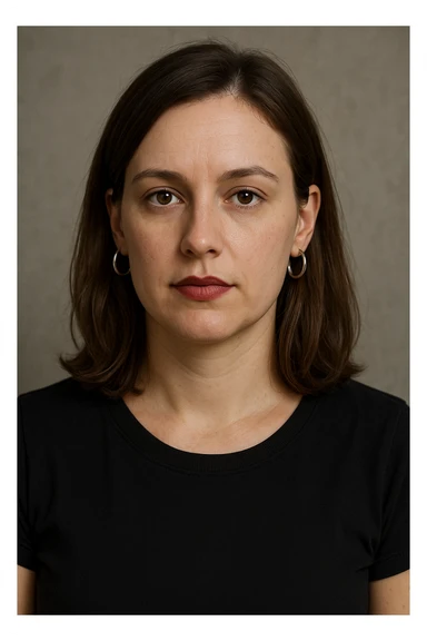 30 year old white woman with shoulder-length hair and brown eyes, left side of her hair tucked behind her ear, wearing lipstick and hoop earrings, neutral expression, upper body portrait sticker