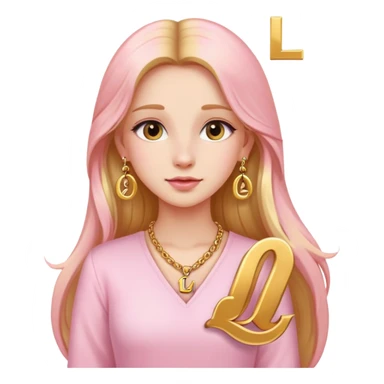 A beautiful girl wearing light pink clothes, long golden hair, earrings, Necklace with the letter L sticker
