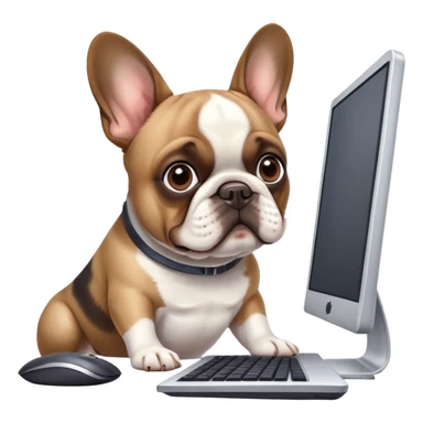 Frenchie working behind computer sticker