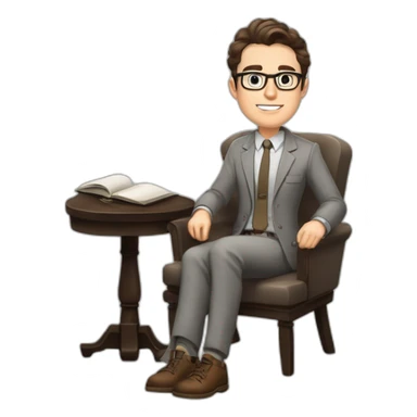 Pale skinned Fit Man With dark brown hair in gray jacket, beige office shirt, Brown pants and vintage glasses sitting In a soft chair with a notebook on spring with emblem Ψ and a pen sticker