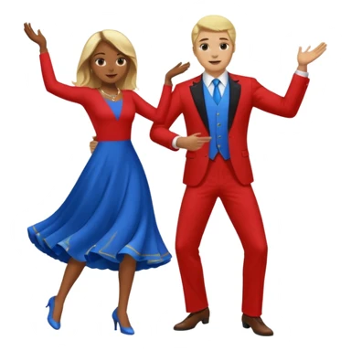 Two people dancing. A man wearing red with light skin and blonde hair. A women wearing bue with dark skin and brown hair. sticker