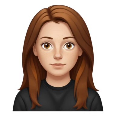A 38 year old white woman with long brunette hair parted in the middle. She has a nose ring. She has brown eyes. She has freckles and is wearing a black sweatshirt sticker