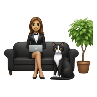 Light skinned woman with brown hair sitting on the couch laptop on her lap next to small black and white tuxedo cat sticker