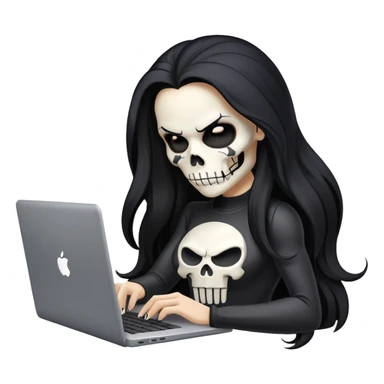 female Punisher skull with long flowing black hair working on a laptop sticker