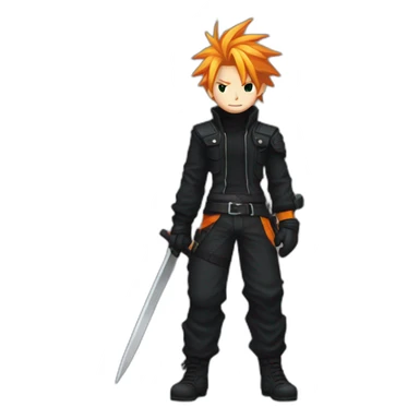 cloud strife  with orange hair. Black clothes full body with Buster  sticker