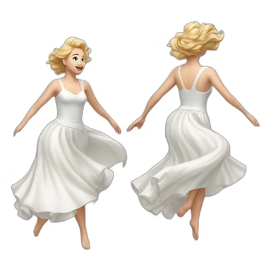 Hyperrealistic Full body Caucasian curvy beauty jumping white skirt back and front views strong wind sticker